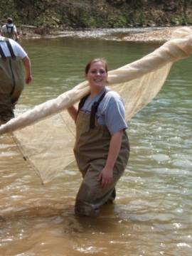 Laura Webb finishing up an ichthyology seining trip to Russell Creek
